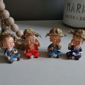 Buda Set of Four Monk Figurines with Straw Hats